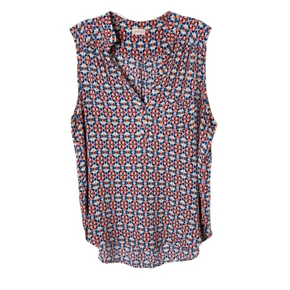 Pixley Women's Sleeveless Top L Ikat Print Blue Red 1/4 Button V-Neck Tank Rayon - Picture 1 of 7